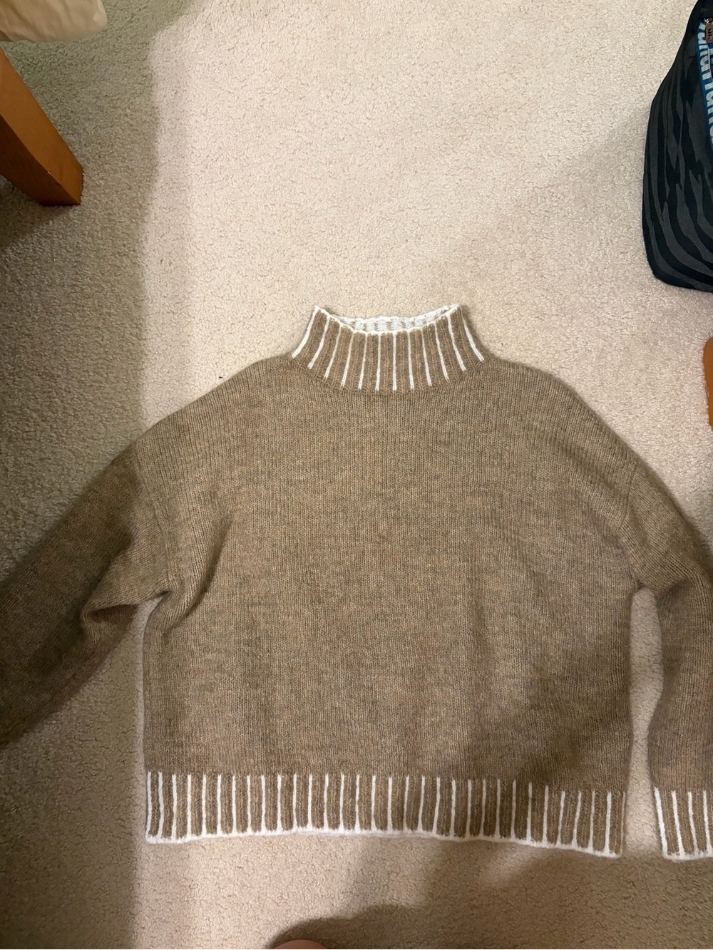Elan Taupe Mock Neck Sweater with White Trim